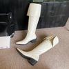 2025 autumn European and American style pointed head rivet buckle thick heel two through knee boots
