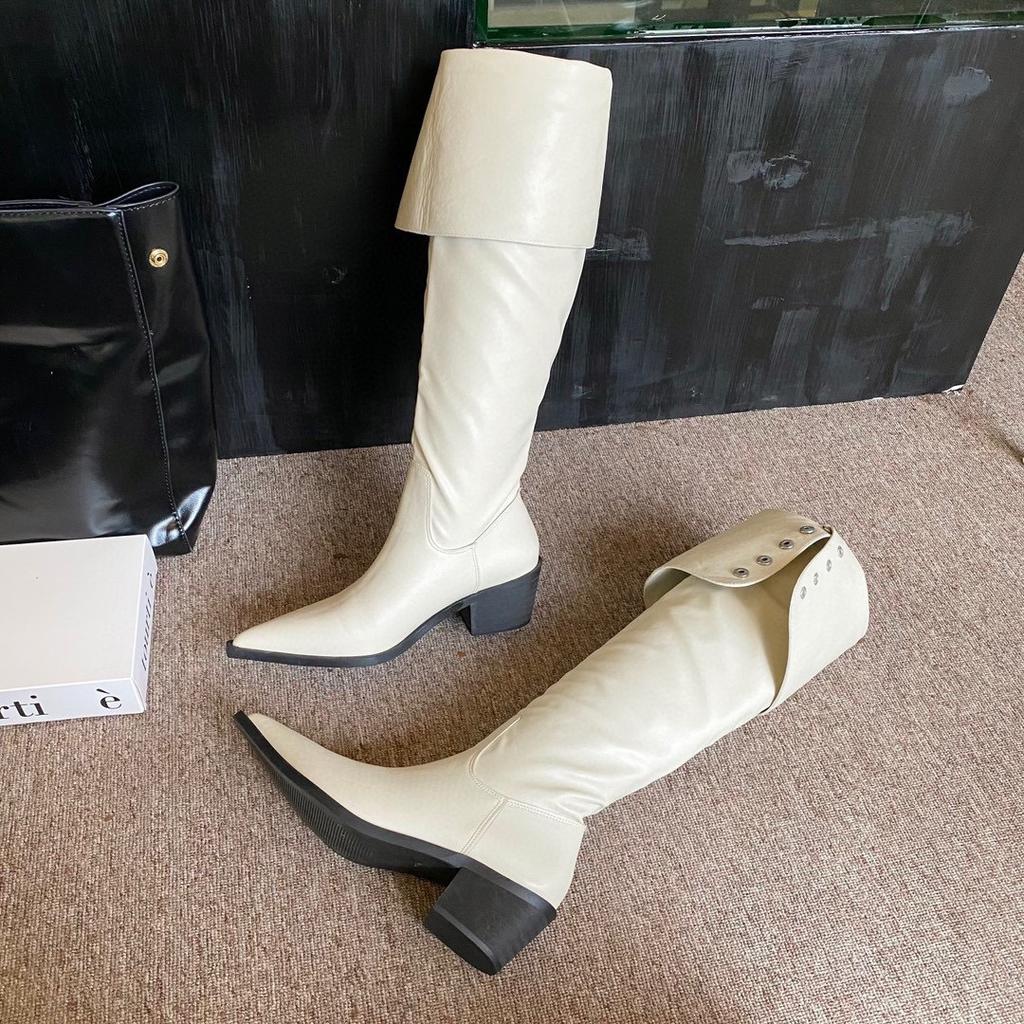 2025 autumn European and American style pointed head rivet buckle thick heel two through knee boots