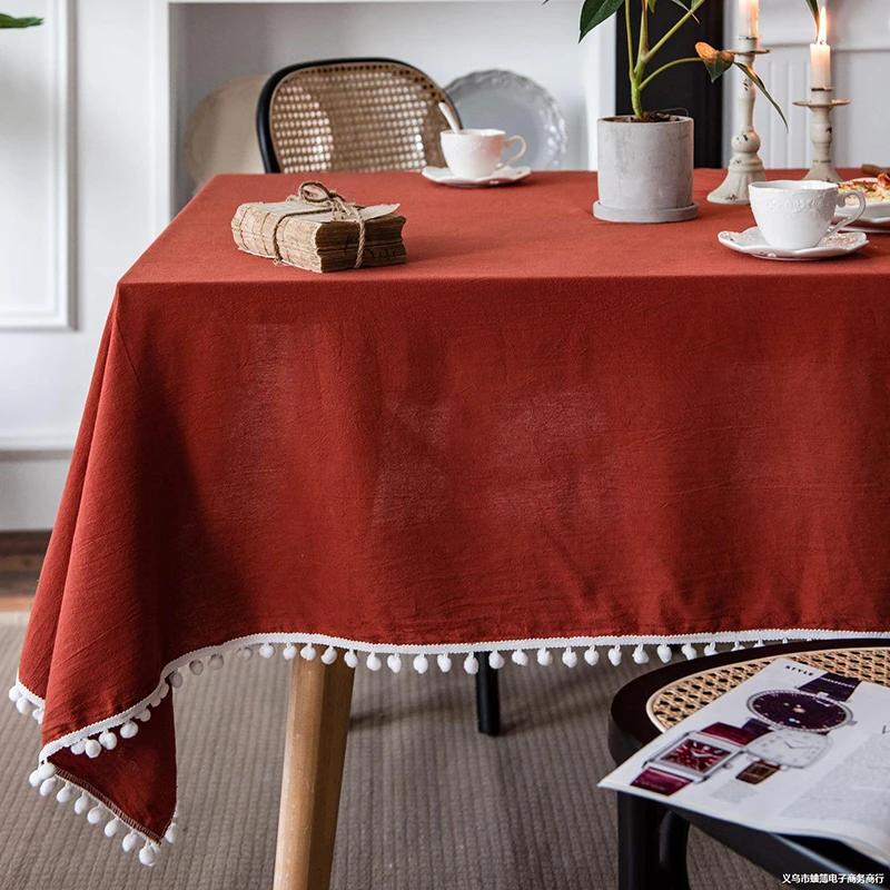 Farmhouse Solid Color Tablecloth Rectangle Cotton Fabric Pompom Tassel Table Cover For Kitchen Dinning Wedding Party Decorations