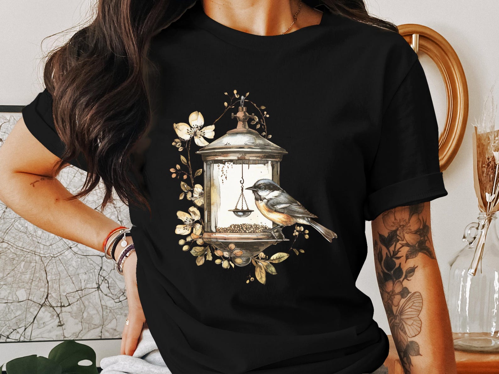 Bird Feeder T-Shirts, Floral Art Shirts, Cottagecore Style T-Shirts, Nature Inspired T-Shirts, Bird Watching Gift, Cute Bird Shirt 2XL
