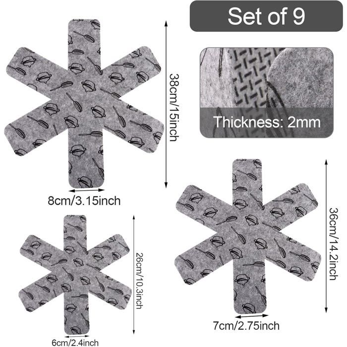 9 Pièces Protege Poele Protection Poele et Casserole Anti-Rayures 3 Tailles (26/36/38Cm) Gris
