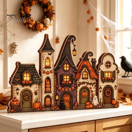 Small Wooden Village Set Halloween Retro Haunted Tabletop Decor, Fall Farmhouse Witch Autumn Theme Interior Ornaments House Ornament, Ghost