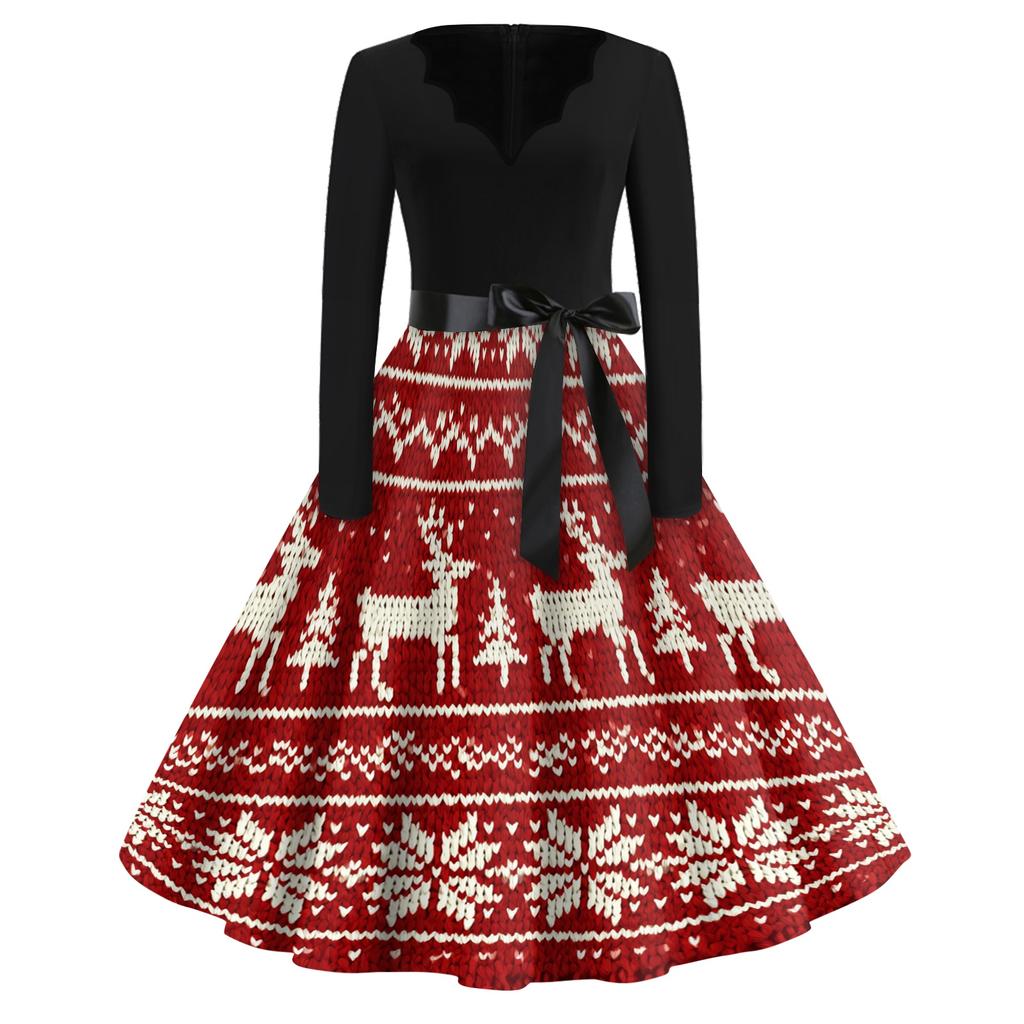 Women's Retro V-Neck Christmas Dress with Snowflake and Christmas Tree Print, Vintage A-Line Dress for Holiday Party