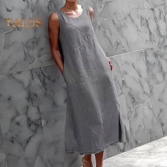 Sleeveless Maxi Dress for Women Loose Crew Neck Tank Dress with Pockets Beach Vacation Long Sundress Summer Casual Outfit