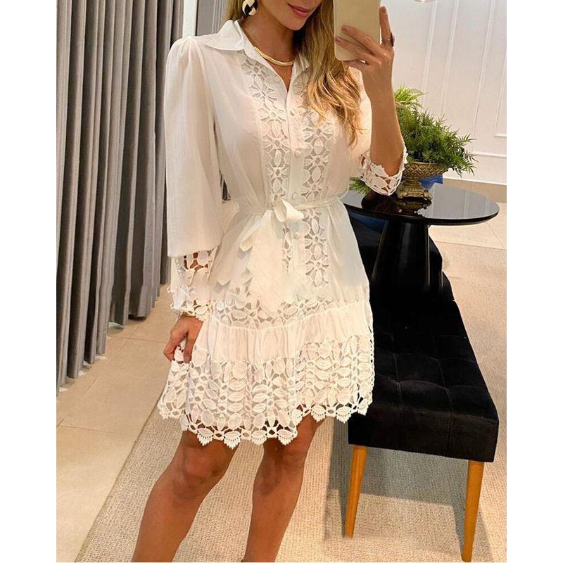 

Women Long Sleeve Shirt Dress European and American Long sleeve Elegant Fashion Solid Color Shirt Dress Pullover White XL