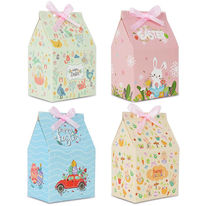 

12pcs House Shape Easter Gift Box Cartoon Rabbit Egg Candy Cookie Packing Box Happy Easter Party Decoration Supplies with Ribbon 10.5x5x7cm