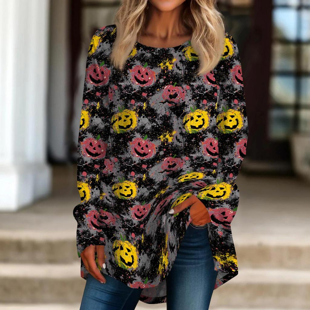 Women's Loose Fit Neck Halloween Print Long Sleeve Tunic Top