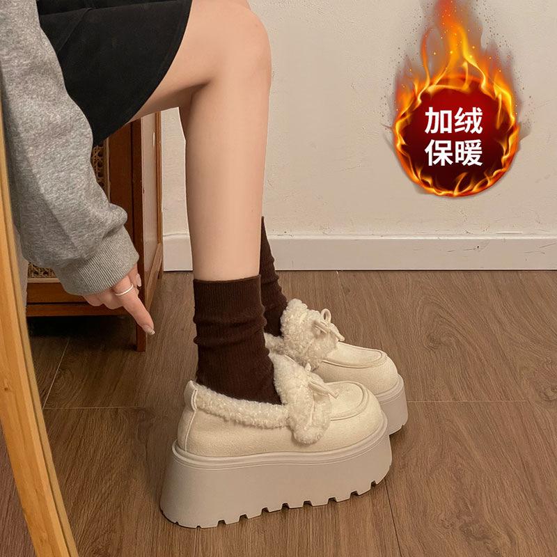 Sweet heightening thick-soled velvet cotton shoes for women's new autumn and winter thickened warm solid-color fluffy shoes