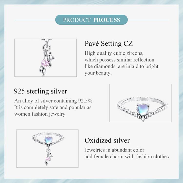 WOSTU 925 Sterling Silver Shining Pink Zircon Little Bear Balloon Ring for Women Birthday Gift Jewelry