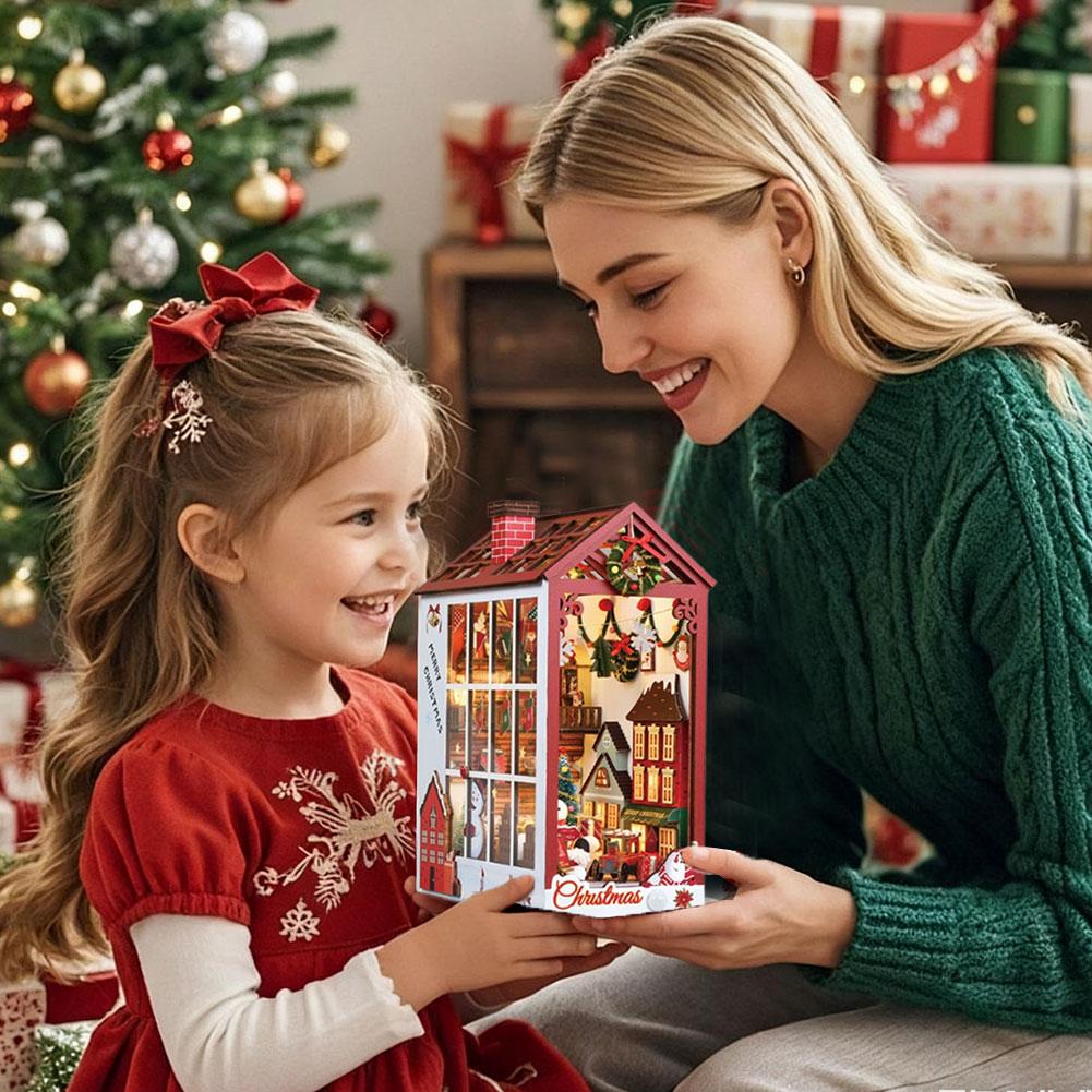 DIY Book Nook Kit Miniature Dollhouse Kit Xmas Eve Snowflakes Building with LED Light Diorama Model Birthday Gifts