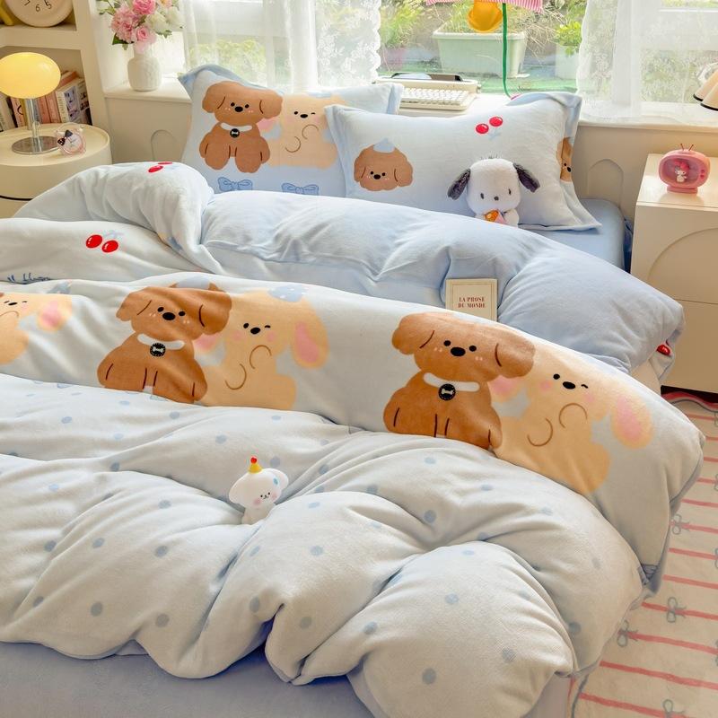Thickened Milk Fleece Four-Piece Set, Coral Flange Double-Sided Fleece Quilt Cover, Bed Sheet, Bed Hat Three-Piece Set