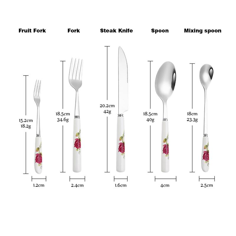 Ceramic Handle Tableware Set Stainless Steel Cutlery Set Steak Knife Fork Coffee Spoon Dessert Dinnerware Rose Flowers Pattern