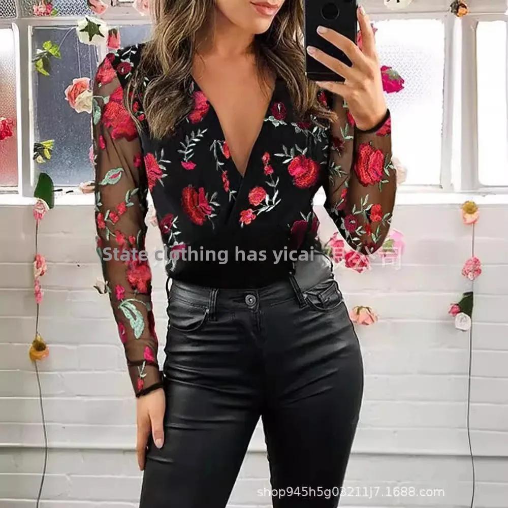 

Hot-Selling Sexy Women s V-Neck Embroidered Mesh Long-Sleeve Blouse XL синій
