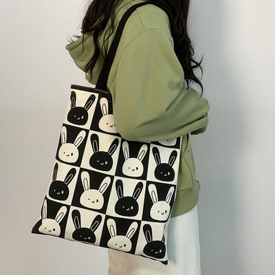 Niedlicher Hase Canvas Damen Schulter-Einkaufstasche Große Kapazität Handtaschen Mädchen Studentin Klasse Reißverschluss Koreanische Tote Shopper Mode