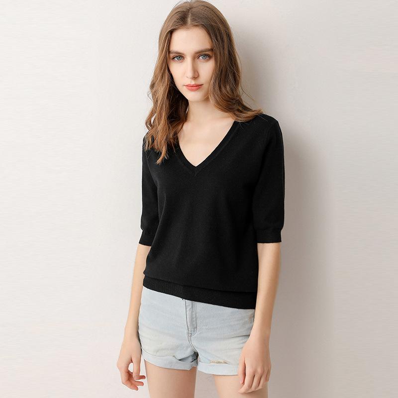 

Spring Summer Women T-shirt Short Sleeve Sweater Knitted Sweater V-Neck Loose Short Sleeve Undershirt T-shirt S чорний