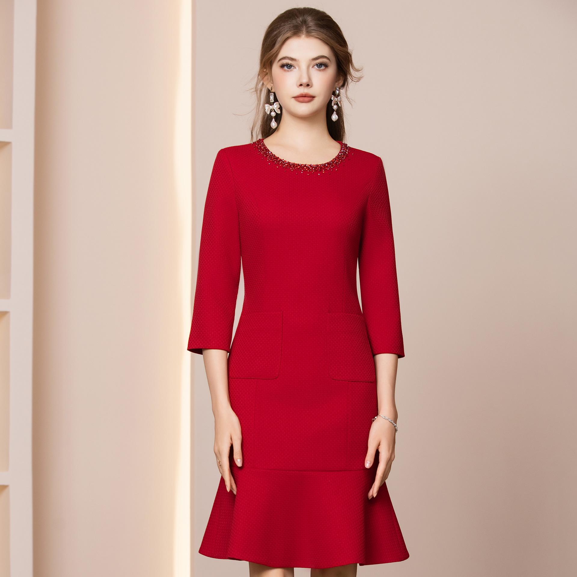 

Elegant and Flattering Red Ruffled Dress - 2026 Spring New Arrival M червоний