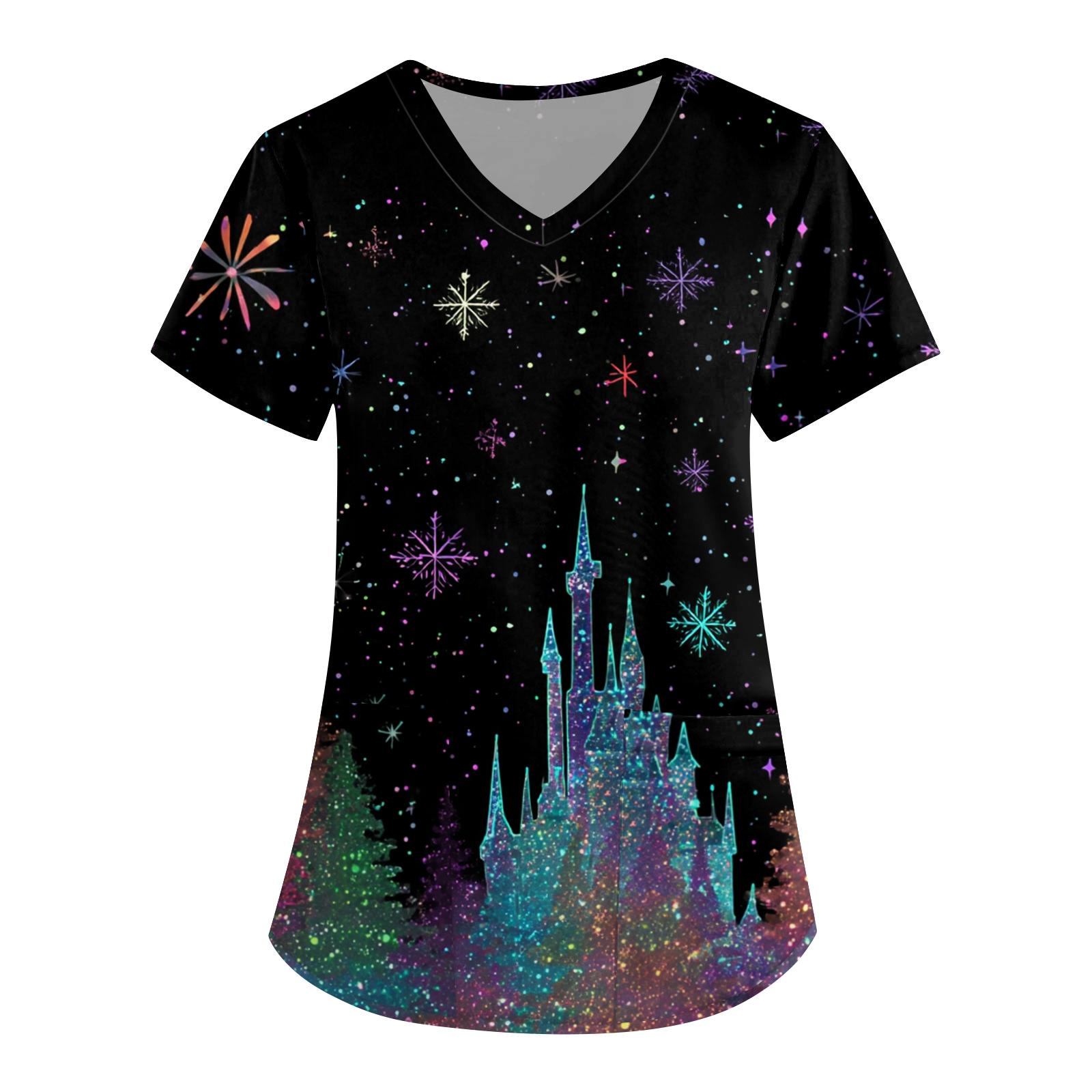 

Женская рабочая униформа с принтом, V-образный вырез, карманы, базовый короткий рукав, пуловер, топ L чёрный