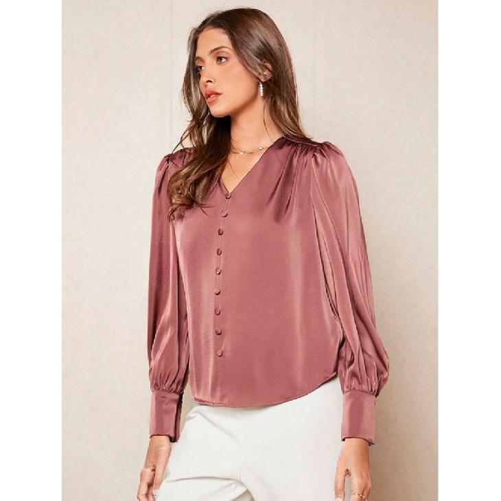 V-neck pullover top, fashionable women s satin shirt, commuter style women s top XS розовый