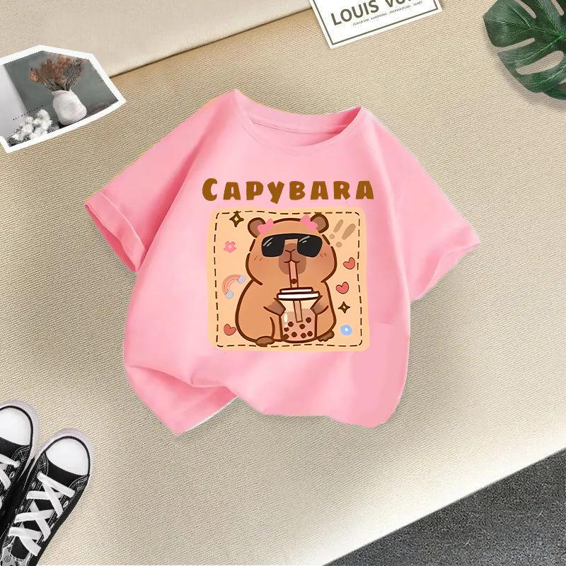 Kinder T-Shirt Capybara Aufdruck Kinder 100% Baumwolle Kleidung Oberteile 2-13J Locker geschnitten Lässig Rundhalsausschnitt Kurzarm T-Shirt