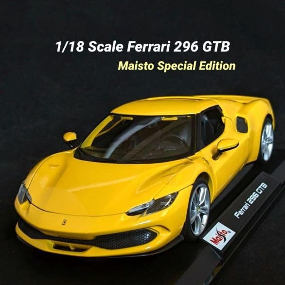 Maisto 296 GTB Yellow Speciale 1/18 Scale Special Edition Diecast Car with Display Base, Opening Doors, and Working Suspension