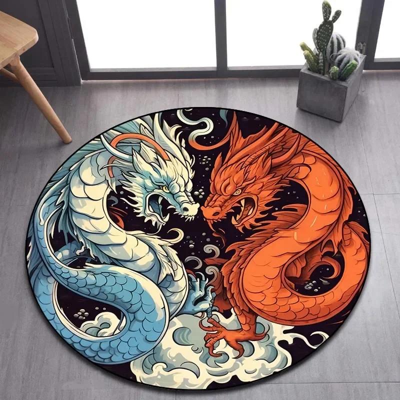 Cartoon 3D Dragon Round Area Rug – Non-Slip Floor Mat for Living Room or Bedroom – Game Room Decor, Kids Play Carpet
