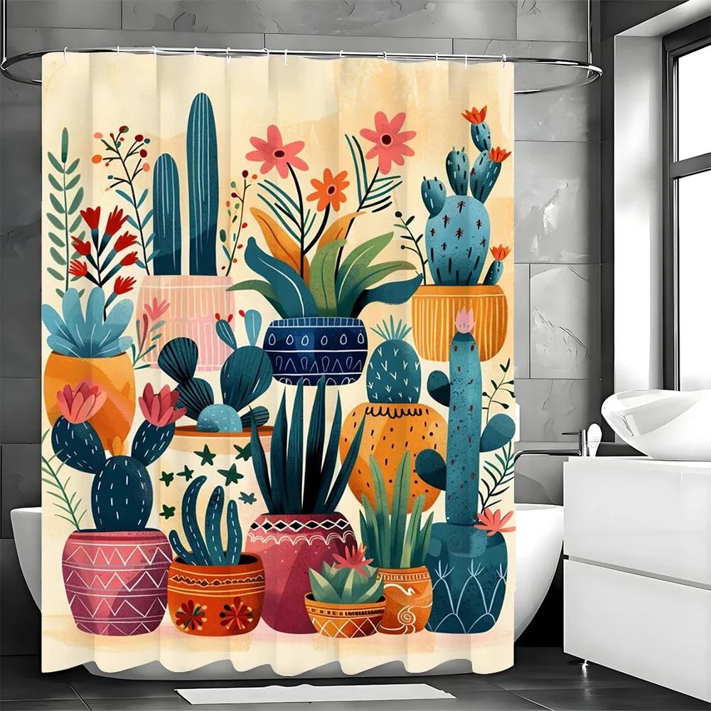 ~O~Green Potted Cactus Flower Shower Curtain, Bathroom Decorative Shower Curtain, Waterproof Shower Curtain with Hooks
