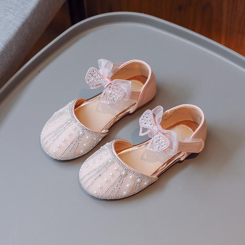 Girls' Princess Half sandals2026New Summer Children's Cute Bowknot Shiny Pearl Rhinestone Performance Shoes