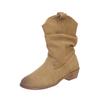 Sheepskin Version~ Inner Height-increasing Retro Pleated Stacking Boots Women's V-mouth Suede Mid-tube Western Boots Versatile Thick-heeled Knight Bo