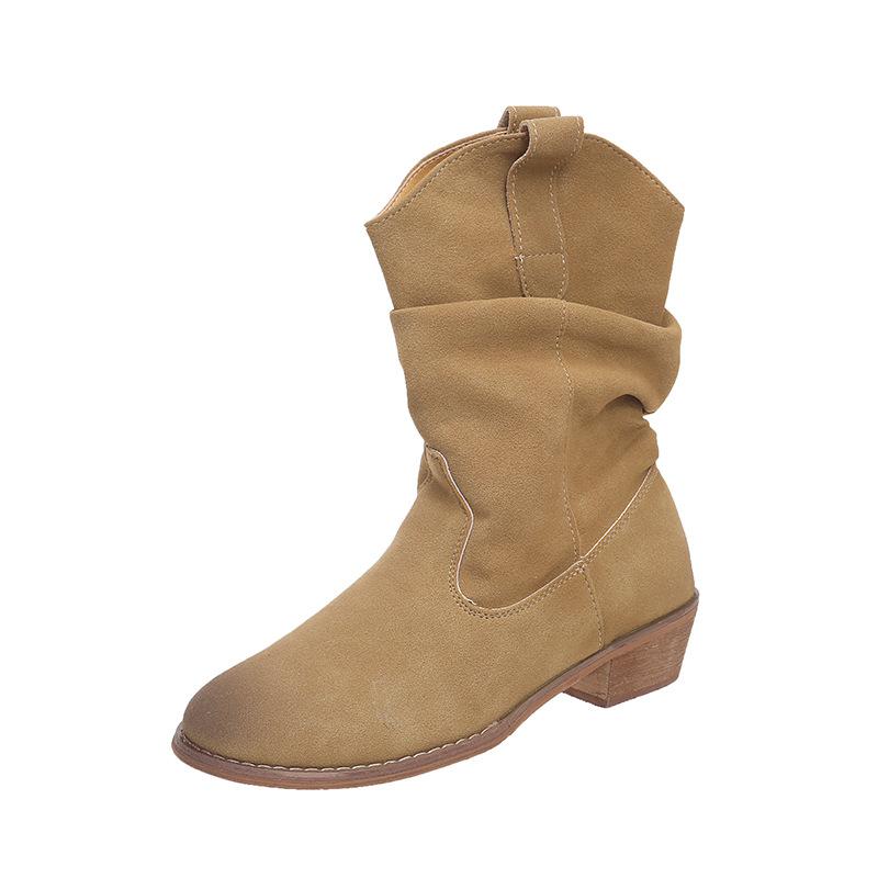 Sheepskin version~ inner height-increasing retro pleated stacking boots women's V-mouth suede mid-tube western boots versatile thick-heeled knight bo