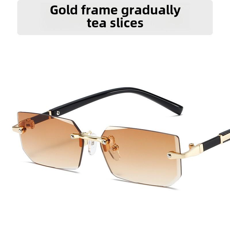 Modne kwadratowe okulary przeciwsłoneczne bez oprawek z kolorowymi soczewkami oceanicznymi i metaliczną teksturą