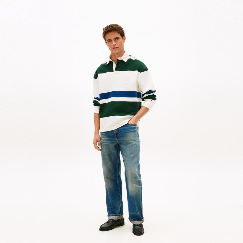 Tommy Hilfiger American Style Floral Embroidery Striped Loose Long Sleeve Polo Shirt Men Tops MW0MW43064