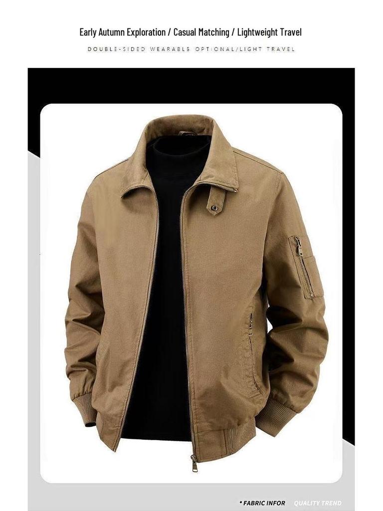 Men's Retro Pilot Lapel Cotton Jacket - Solid Color, Plus Size, Spring/Autumn Workwear Style
