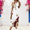 Women Plus Size V Neck Short Sleeve Floral Butterfly Print White Straight Long Dress