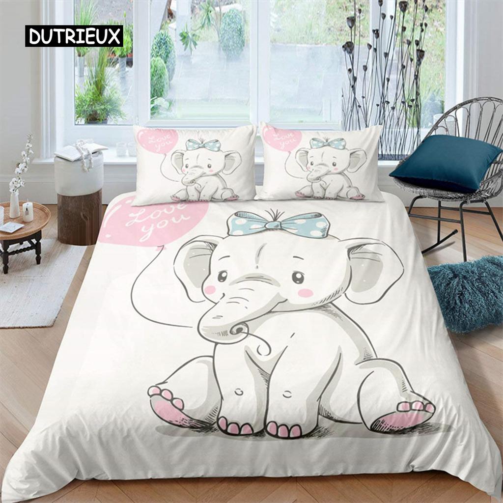 Cute Elephant Duvet Cover Set 2/3 Piece Cartoon Animal Bedding Set 3D Floral Comforter Cover Twin Full King For Boys Girls Gift