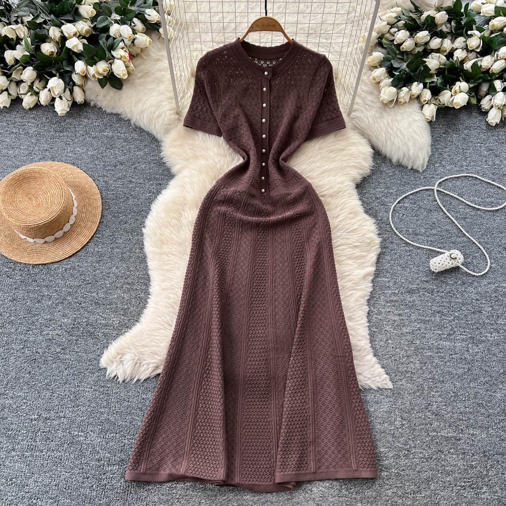 French small fragrant dress women's spring dress new celebrity high-end sense bead round neck waist knitted long dress