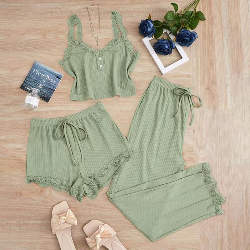 

Women s Summer 3PCS Pajama Sets Solid Vest Shorts and Pants Paired with Lace Splicing for Homewear Sexy Sleepwear Sets XXL зелений