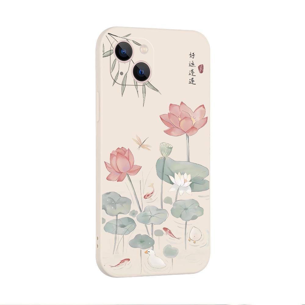 Lotus Koi Suitable for Apple 14Pro Mobile Phone Case 17 Lotus Iphone16/15pm All-inclusive Protective Case Soft Case