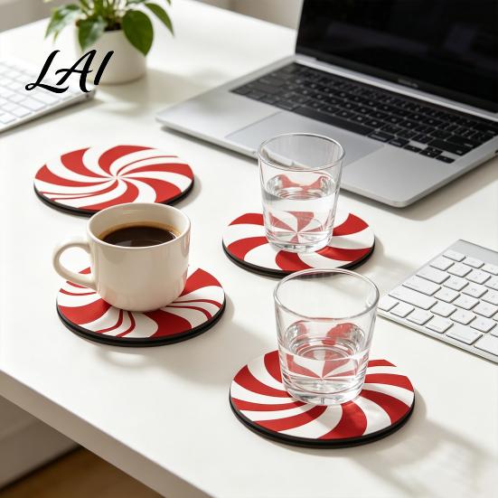 Winter Home Decor Accessories 4Pcs Red White Spiral Wooden Coasters Round Peppermint Candy Drink Lightweight Stackable Wood Mat Heat‑Resistant Cup