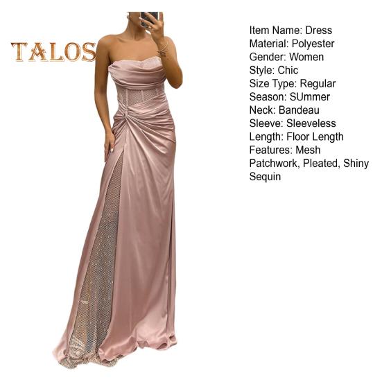 Vestido de noche para mujer, estilo bandeau, sin mangas, con hombros descubiertos, plisado, con nudo, de malla, con parches, brillante, con lentejuelas, vestido de baile de satén, largo hasta el suelo, para banquetes y fiestas de graduación