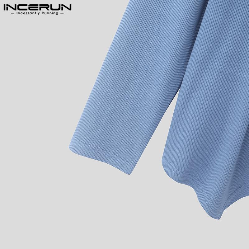 INCERUN Men Deep V Neck Fitted Texture Long Sleeve Irregular Tops Undershirts
