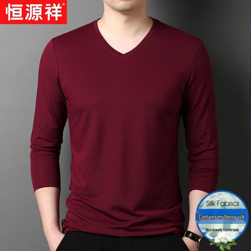 Hangyuanxiang Men's Cotton Silk Blend V-Neck Long Sleeve T-Shirt