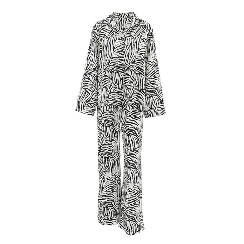 Womens Zebra Print Casual Streetwear Two-Piece Set Loose Fit Long Sleeve Top Straight Leg Pants