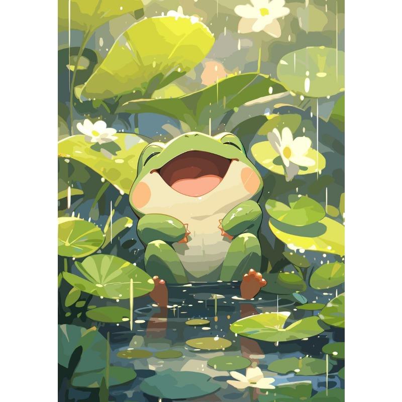 Cute Cat and Frog On The River Lotus Leaf Poster Modern Animals Canvas Painting Wall Art for Living Room Home Decor Mural