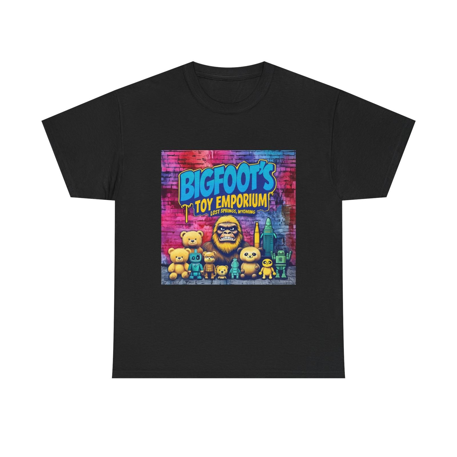Bigfoot s Toy Emporium Shirt, Sasquatch Cartoon Graphic Tee Wear for Nature Fans M