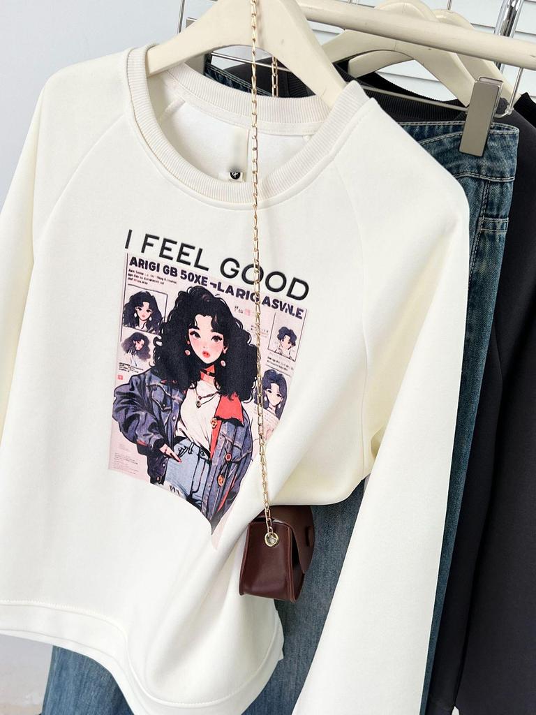 2026 Spring Plus Size Loose Hoodie with Fashionable Woman Print, Round Neck, and Raglan Sleeves