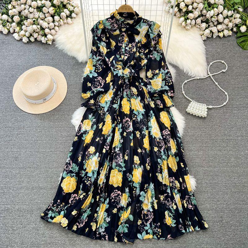Stand Collar A- line Printed Chiffon Pleated Elegance Dress
