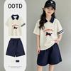 Girls' Summer Cotton Collared Short-Sleeve T-Shirt & POLO Shirt Set - Medium/Large, Color Block with Letters.