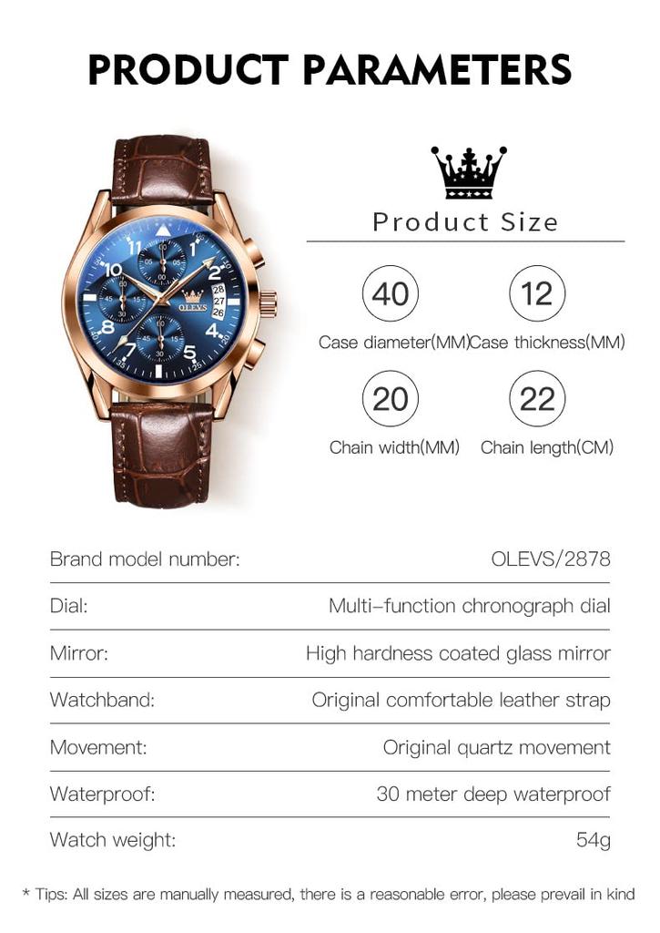 OLEVS Business Popular Leather Quartz Movement with Date Luminous Fashionable Analog Wristwatch with Blue Cool Casual Arabic Stylish Sports Watch
