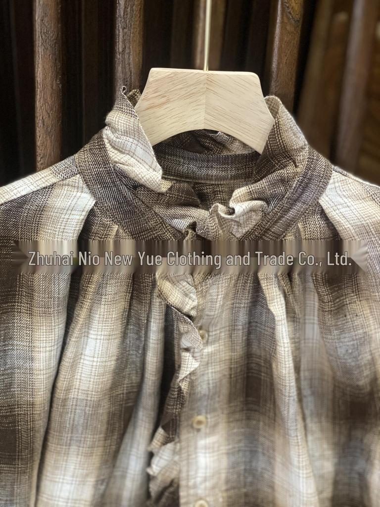 Women's Japanese-Style Coffee Plaid Lace Single-Breasted Shirt - A Little Blue