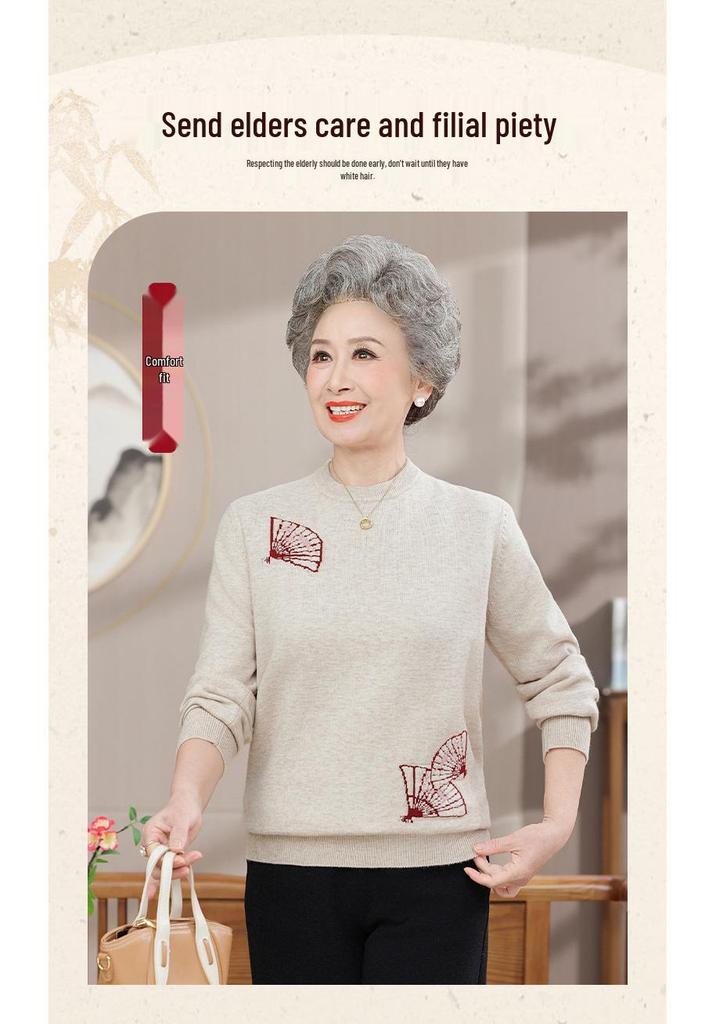 2025 Stylish Knit Base Layer Top for Middle-Aged & Elderly Women - Autumn/Winter Red Sweater